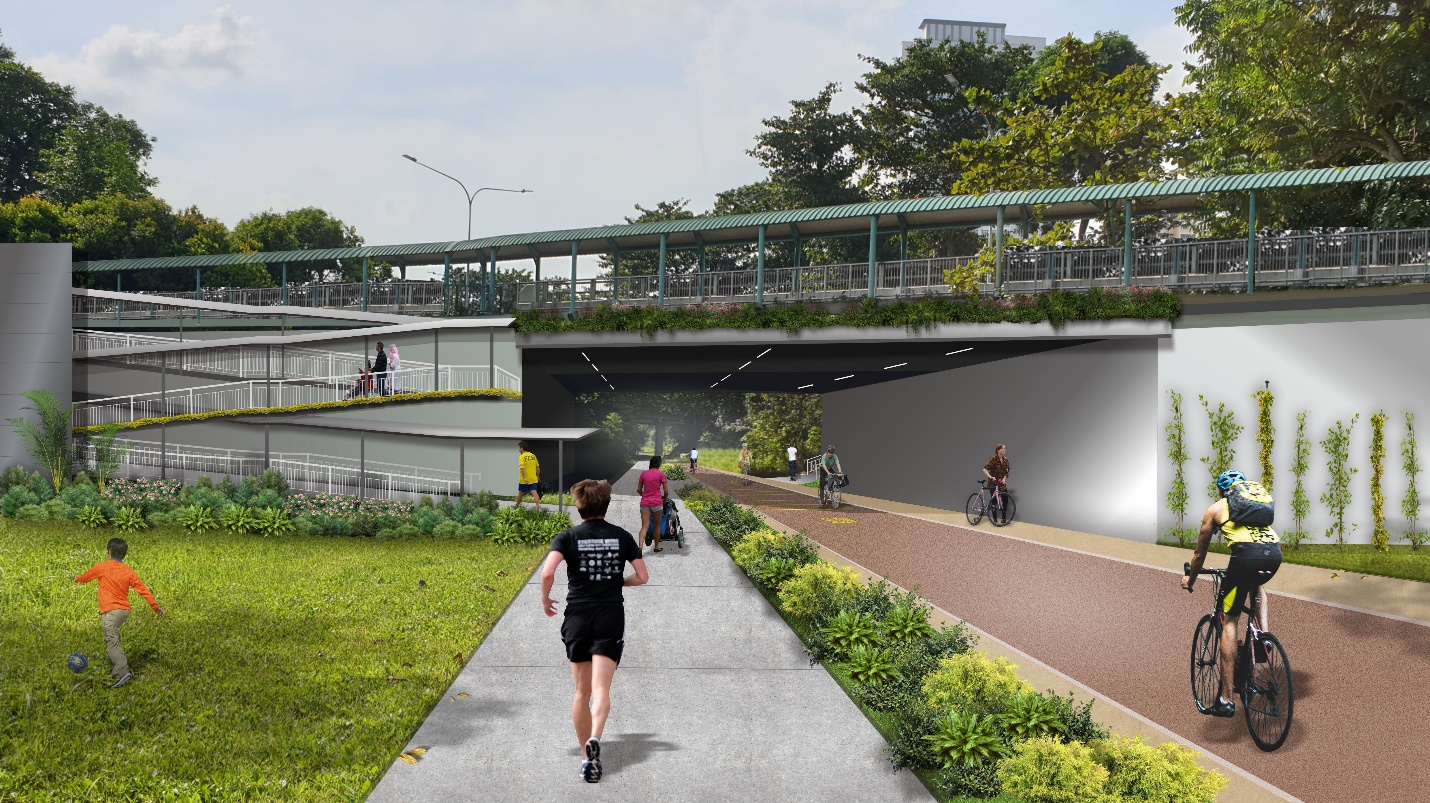 Artist Impression of the reconfiguration of footpaths and cycling paths, including ramps to connect Commonwealth Avenue